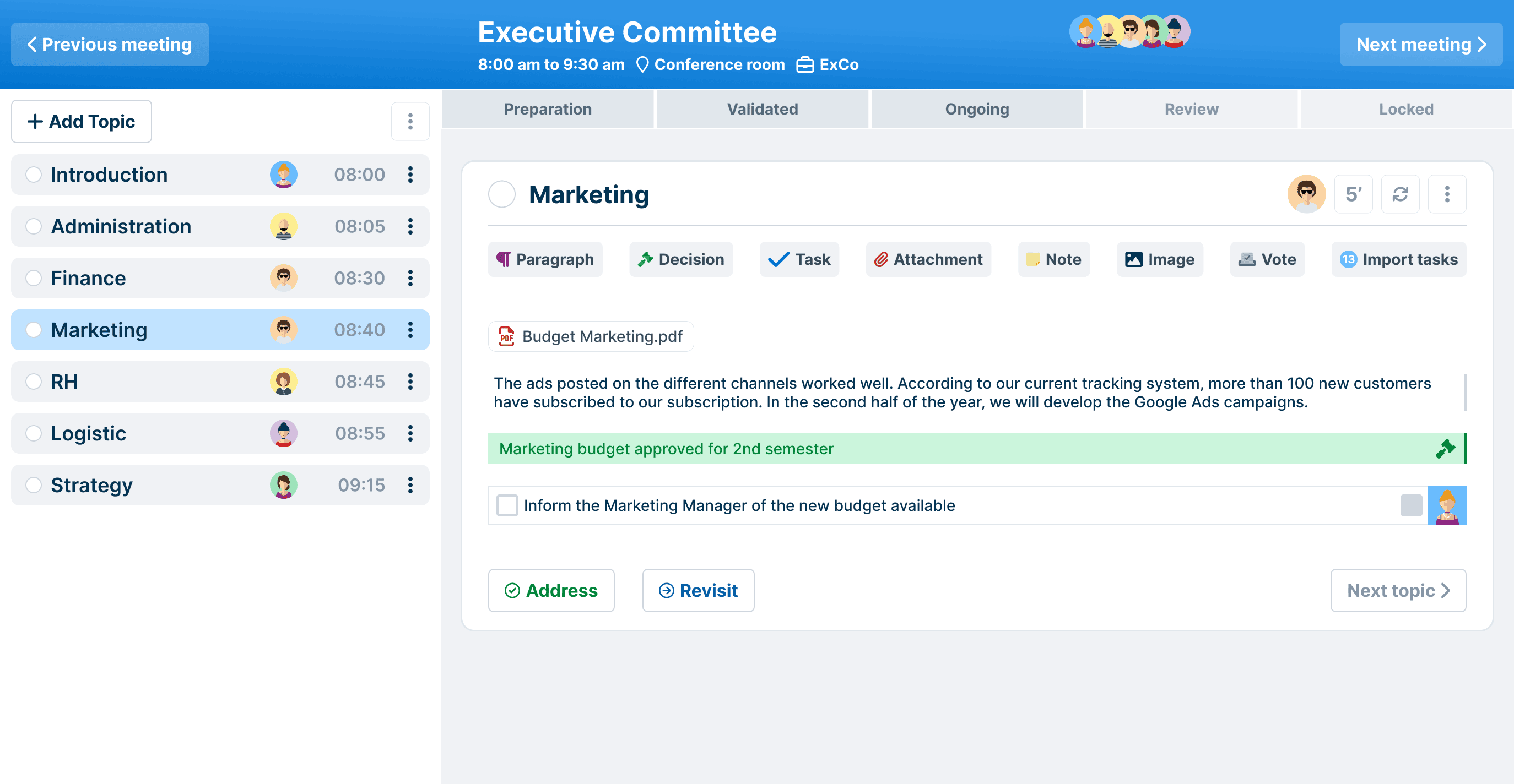 WEDO screen for the executive committee with navigation by theme and task tracking