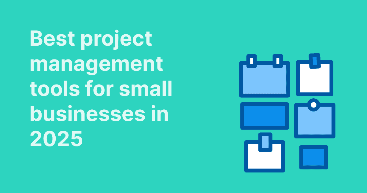 This image showcases the top project management tools for SMEs in 2025, featuring several blocks on a teal background