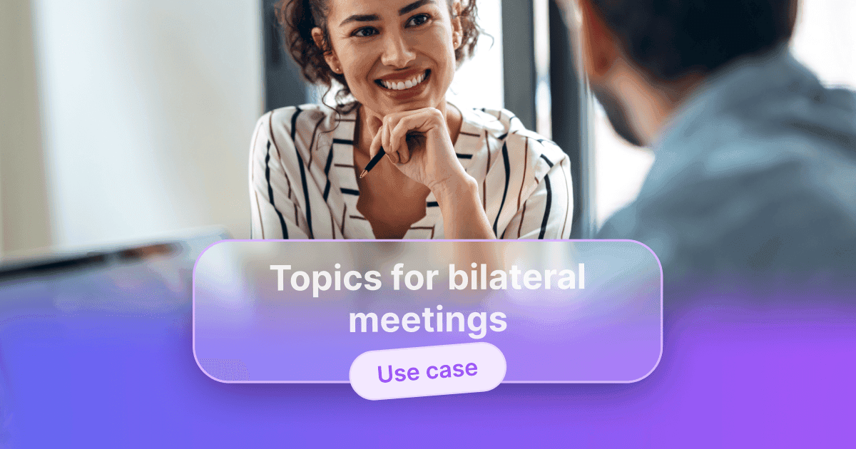 A smiling person listening to their counterpart in a one-on-one meeting, overlaid with the text “Topics for a one-on-one meeting” and “Use case”