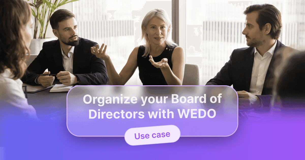 Four professionals in business attire discussing around a conference table, with a woman speaking, overlaid with the text “Organize your Board meetings” and “Use case”