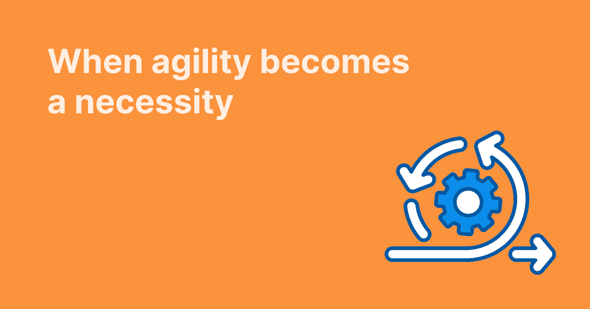 This image illustrates the necessity of agility in business, depicted by a Scrum symbol with a circular arrow and gear on an orange background