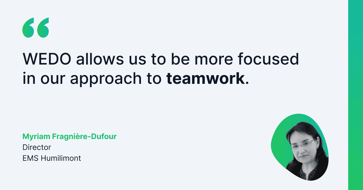 Testimonial from Myriam Fragnière-Dufour, Director at EMS Humilimont, asserting that WEDO enables them to be sharper in their approach to teamwork