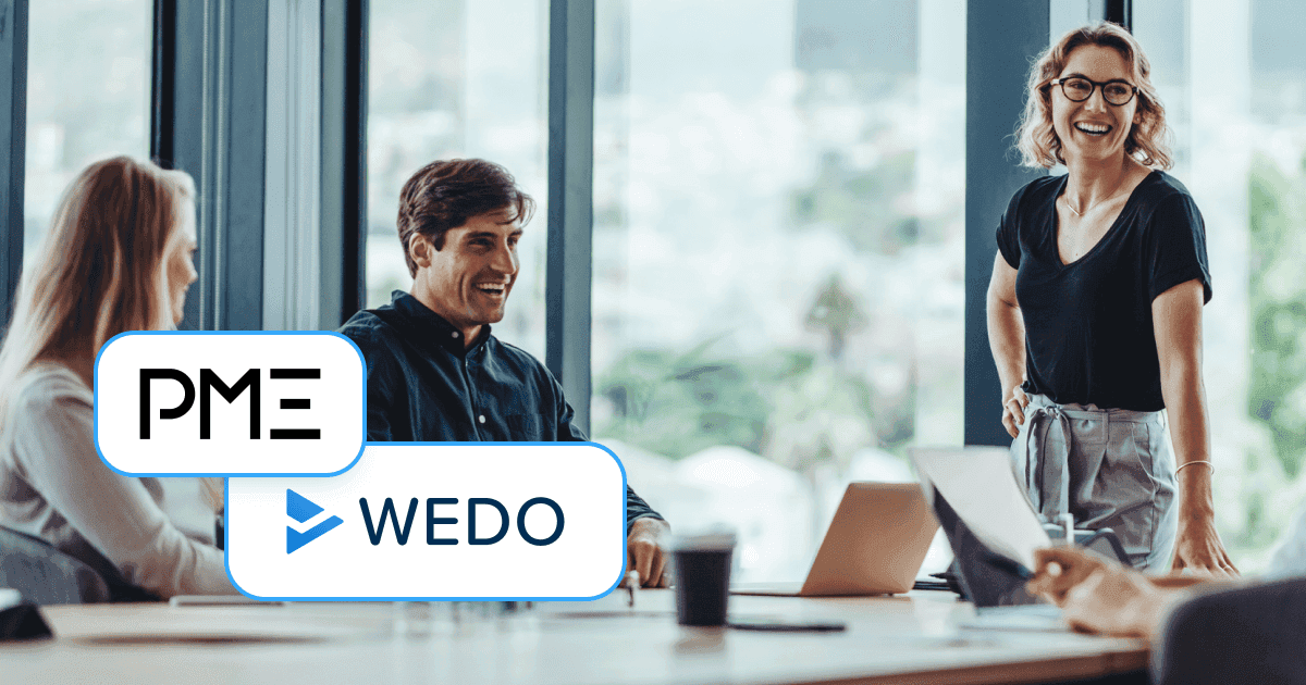 Team of four professionals seated around a conference table in a high-rise office, smiling and interacting, overlaid with the “PME” logo and the WEDO logo