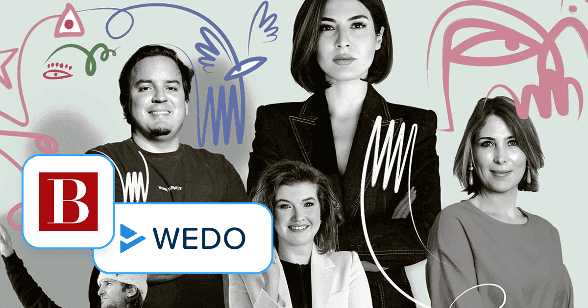 Collage of black-and-white portraits of diverse professionals with colorful abstract doodles in the background, overlaid with the red “Bilan” logo and the WEDO logo in the bottom left corner