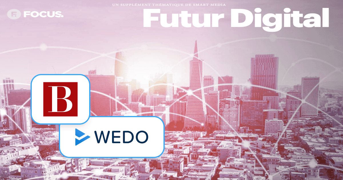 City skyline tinted pink and purple with a digital network overlay, featuring the “Focus” logo and the title “Futur Digital” at the top. Overlaid are the “B” logo in a white-bordered red square and the WEDO logo just below.