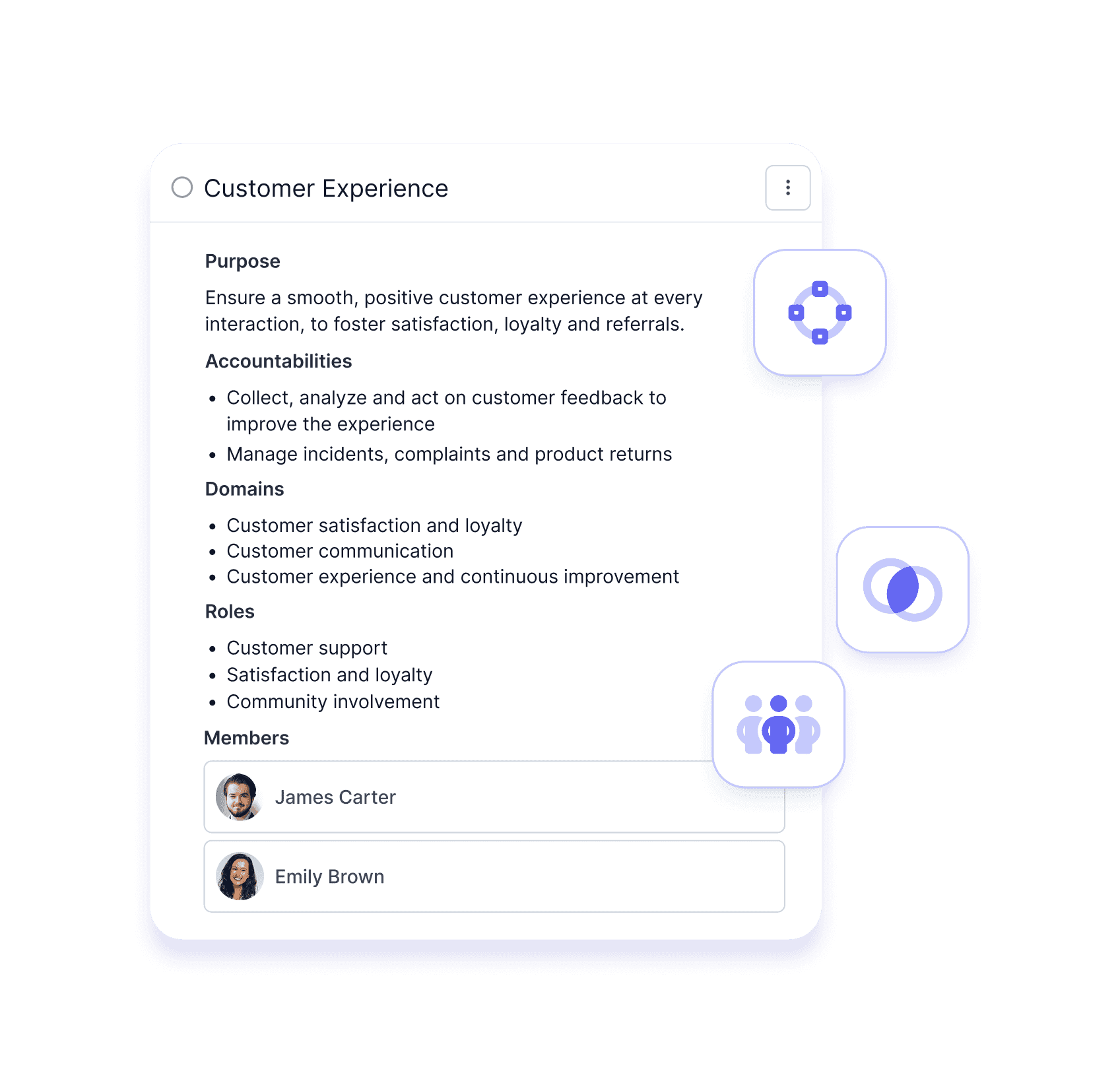 Screenshot explaining the "Customer Experience" circle within a collaborative governance model. The visual highlights its purpose, responsibilities, domains of authority, roles, and members.