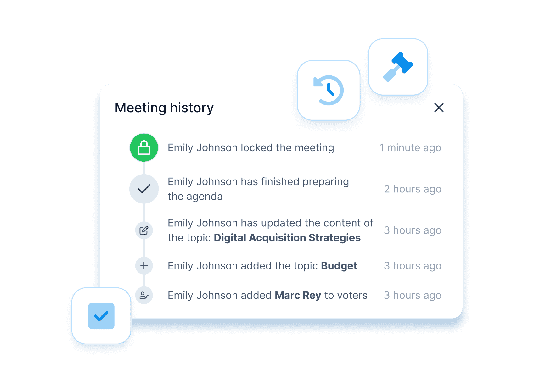 Illustration of a meeting’s history, including date, edits, and authors.