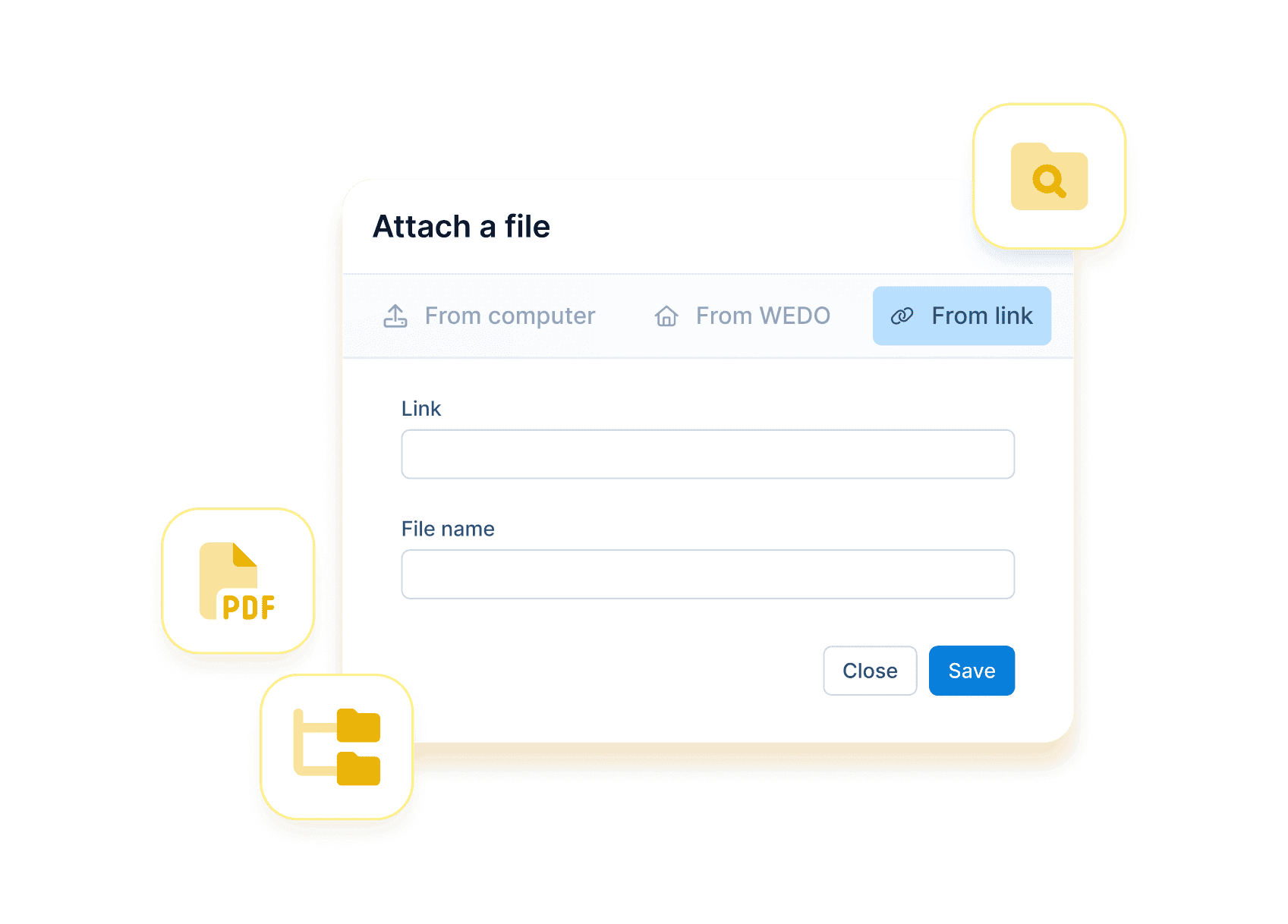 Screenshot showing the many ways to attach files in WEDO — to a task, a checklist, a meeting topic, or a workspace.