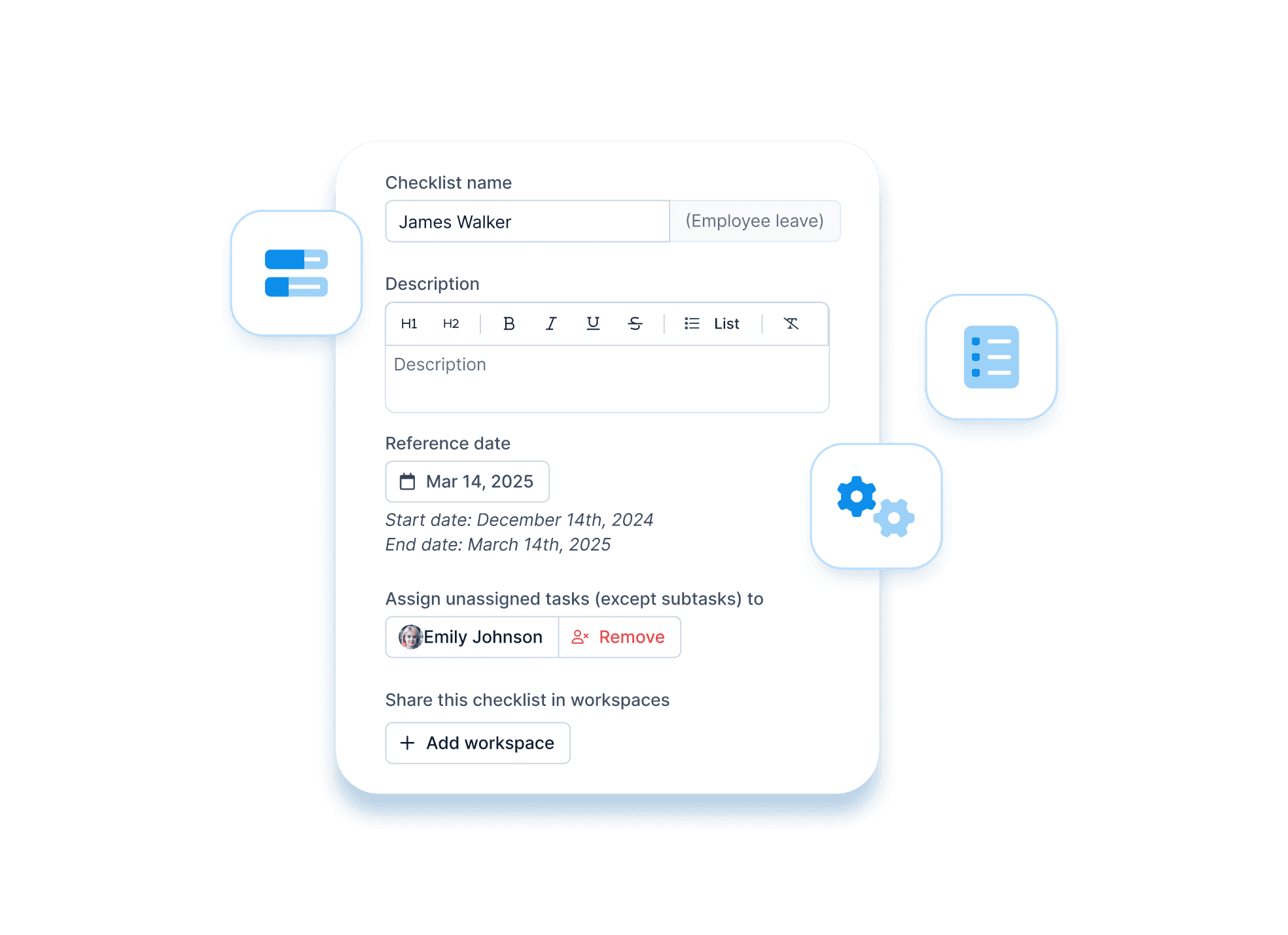Interface for launching a checklist template, showing the name, linked workspace, and reference dates (start and end).