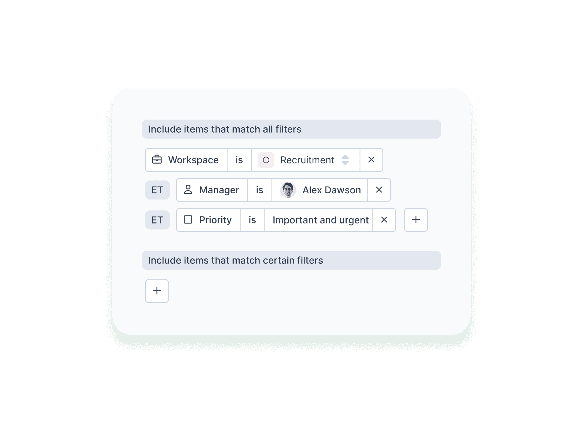 View of filters for sorting and displaying tasks, customizable in a workspace or personal task list.