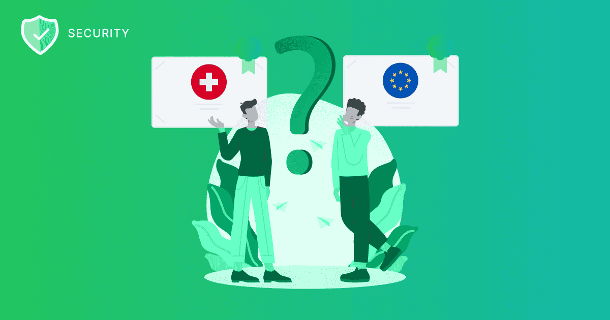 Green illustration under the heading “SECURITY” featuring two people pondering a large question mark between two labeled plaques: one bearing the Swiss flag on the left and one with the EU flag on the right