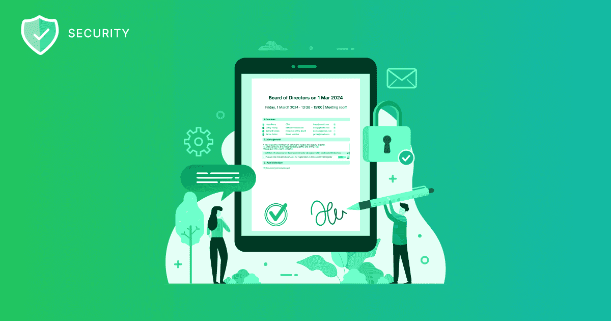 Green illustration showing a tablet displaying a board meeting document with a checkmark and handwritten signature, two figures and a padlock icon under the label “SECURITY”
