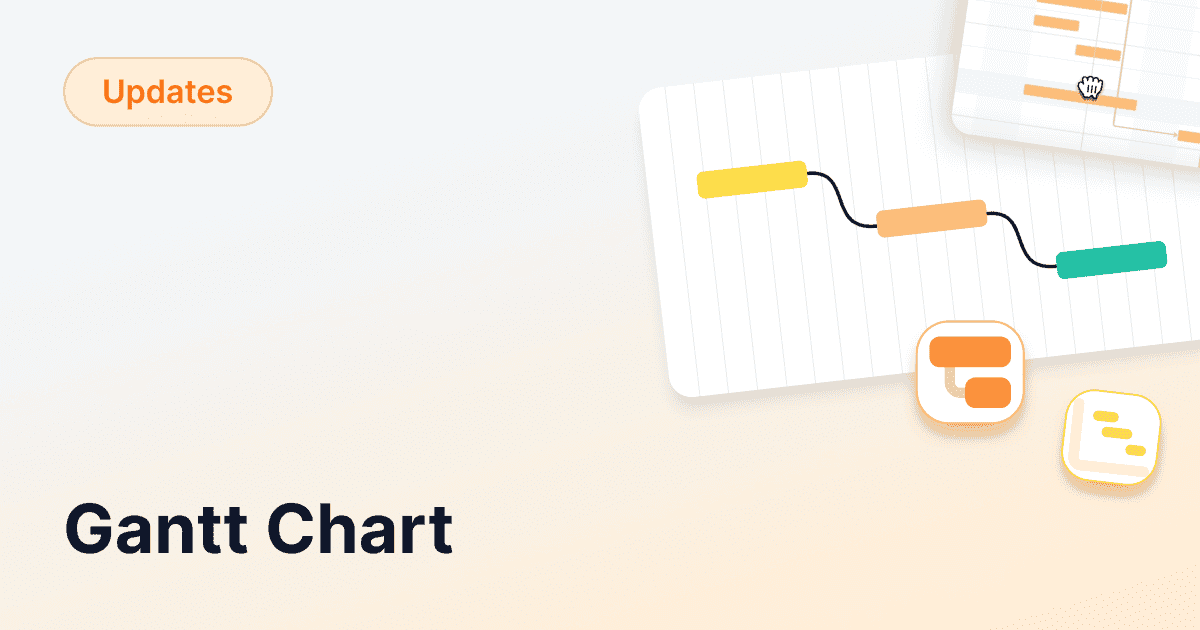 Stylized view of a Gantt chart with colorful bars and two Gantt icons on a light gradient background, overlaid with the text “Updates” and “Gantt Chart”