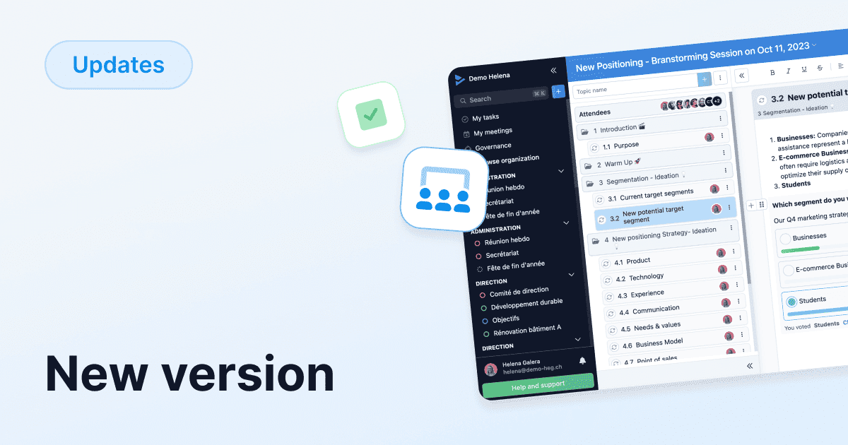 View of a project management interface displaying a list of brainstorming topics, overlaid with an “Updates” label and the text “New Version”