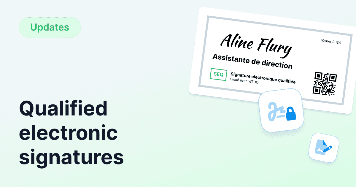 Sample signature card showing the name “Aline Flury”, title “Executive Assistant”, a QR code and the phrase “Qualified electronic signature”, overlaid with an “Updates” label and the text “Qualified electronic signature”