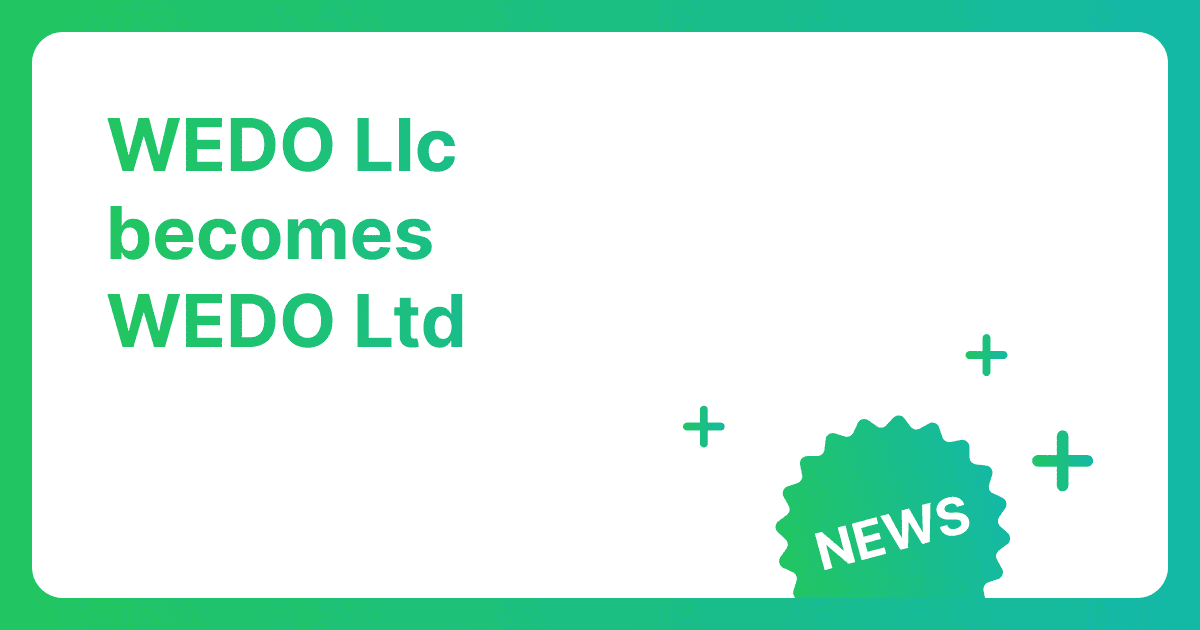 White rounded-rectangle card with a green border displaying “WEDO Ltd becomes WEDO Ltd” and a green seal labeled “NEWS” on a white background